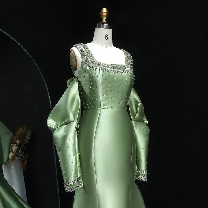 Luxury Khaki Satin Evening Gown with Beaded Bodice Detached Long Sleeves SS574