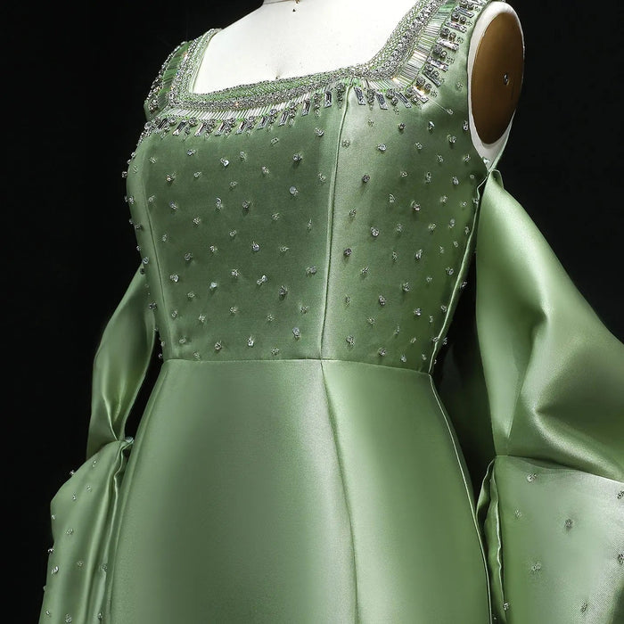 Luxury Khaki Satin Evening Gown with Beaded Bodice Detached Long Sleeves SS574