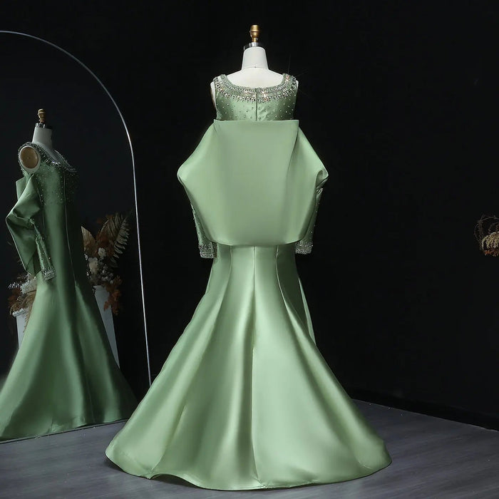 Luxury Khaki Satin Evening Gown with Beaded Bodice Detached Long Sleeves SS574