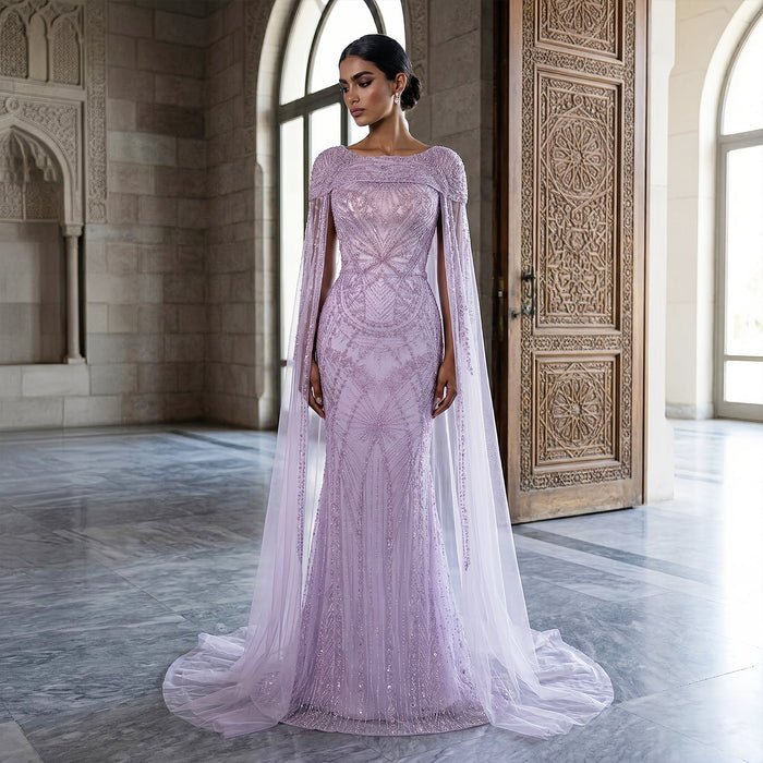 Luxury Lilac Beaded Evening Dress with Cape Sleeves Arabic SS019-DreamyVow