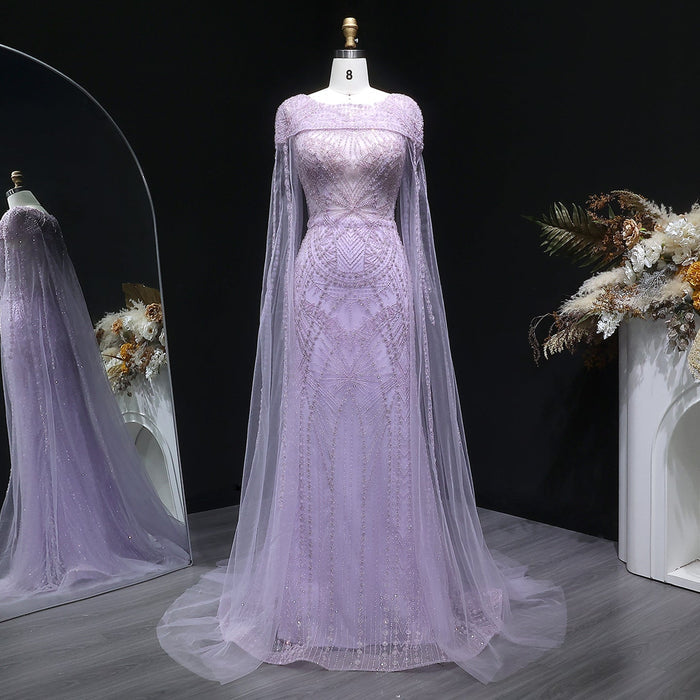 Luxury Lilac Beaded Evening Dress with Cape Sleeves Arabic SS019-DreamyVow