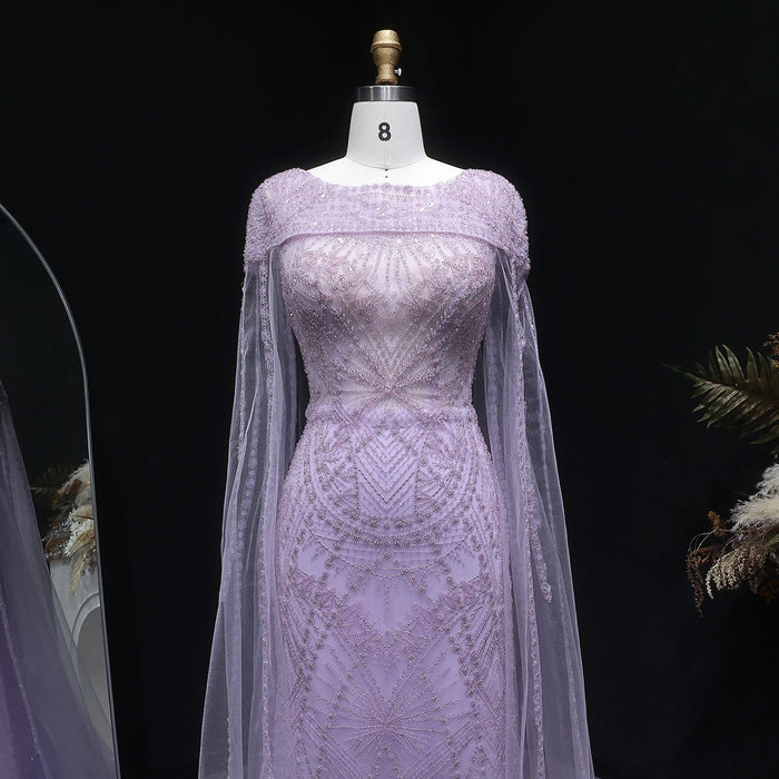 Luxury Lilac Beaded Evening Dress with Cape Sleeves Arabic SS019-DreamyVow