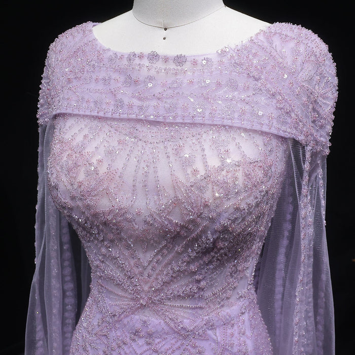 Luxury Lilac Beaded Evening Dress with Cape Sleeves Arabic SS019-DreamyVow