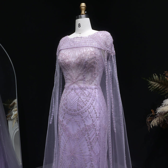 Luxury Lilac Beaded Evening Dress with Cape Sleeves Arabic SS019-DreamyVow