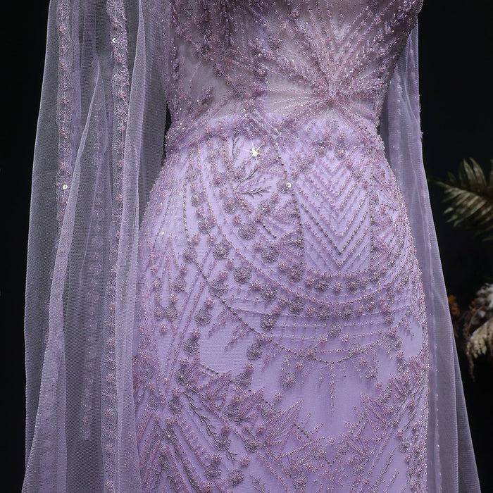 Luxury Lilac Beaded Evening Dress with Cape Sleeves Arabic SS019-DreamyVow