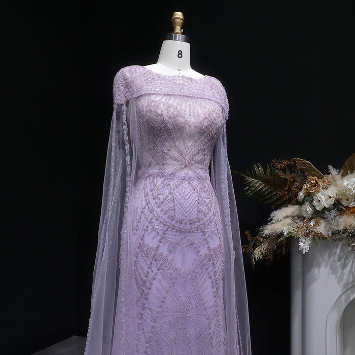 Luxury Lilac Beaded Evening Dress with Cape Sleeves Arabic SS019-DreamyVow