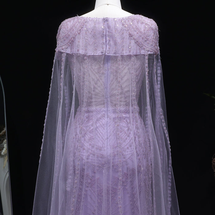 Luxury Lilac Beaded Evening Dress with Cape Sleeves Arabic SS019-DreamyVow