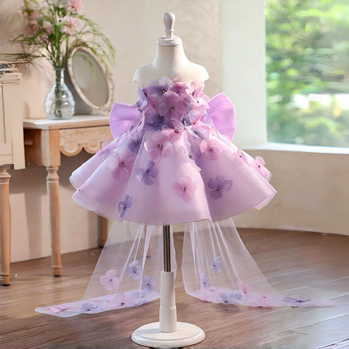 Luxury Lilac Flower Girl Dress for Girls 3D Floral Tulle Dress with Big Bow Back for Wedding J901