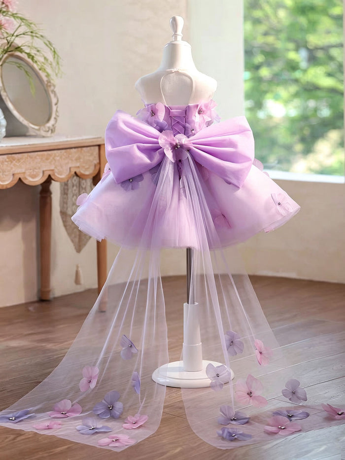 Luxury Lilac Flower Girl Dress for Girls 3D Floral Tulle Dress with Big Bow Back for Wedding J901