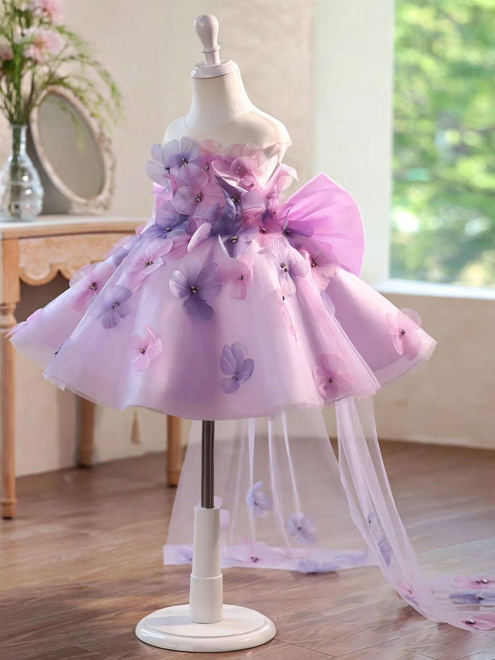 Luxury Lilac Flower Girl Dress for Girls 3D Floral Tulle Dress with Big Bow Back for Wedding J901