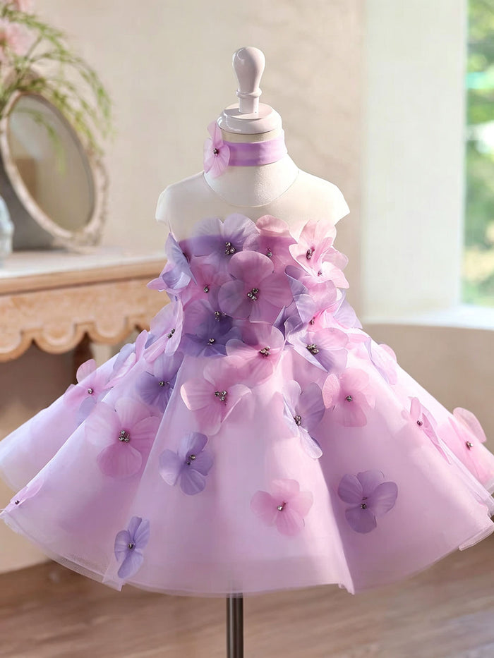 Luxury Lilac Flower Girl Dress for Girls 3D Floral Tulle Dress with Big Bow Back for Wedding J901