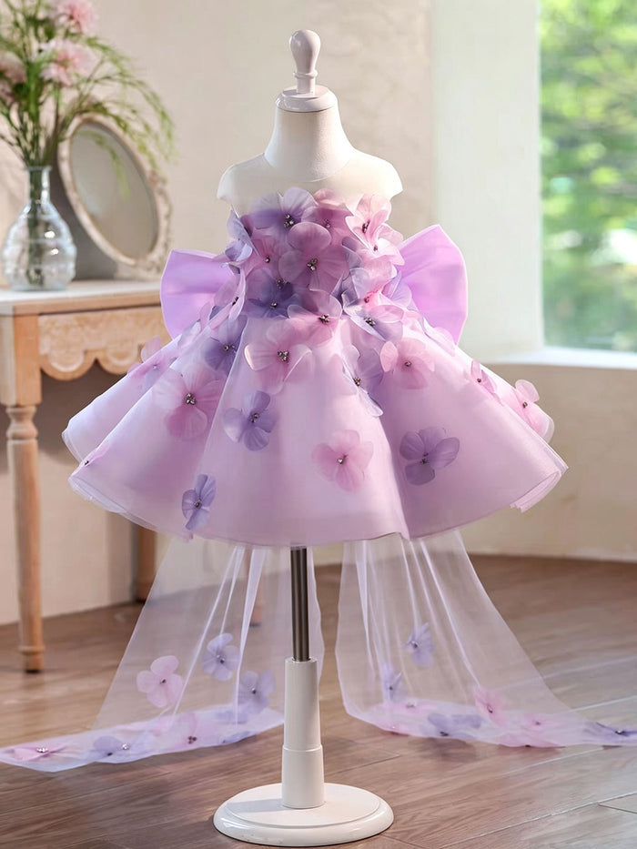 Luxury Lilac Flower Girl Dress for Girls 3D Floral Tulle Dress with Big Bow Back for Wedding J901