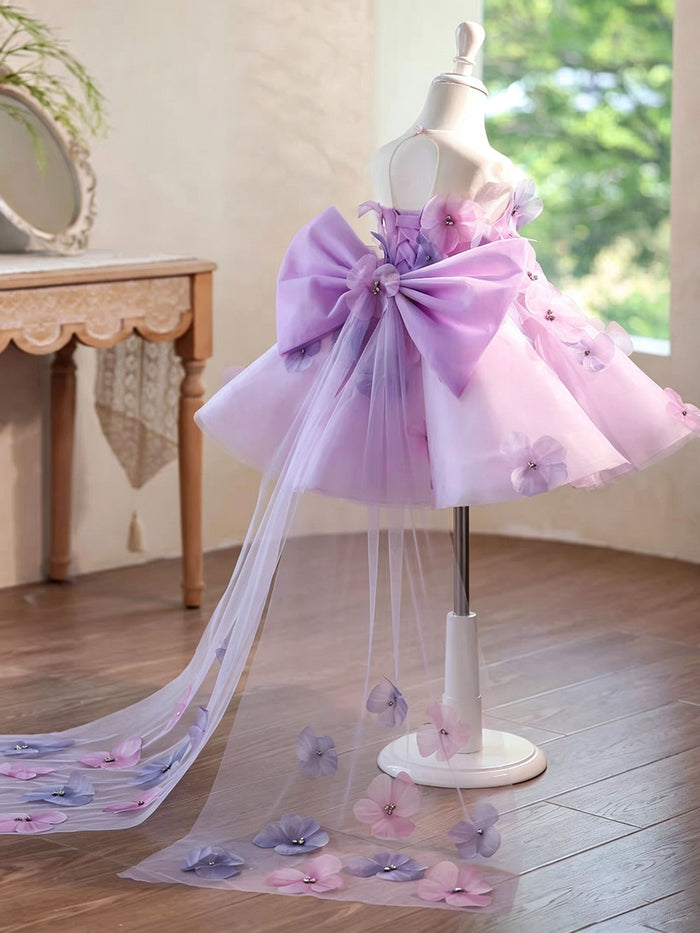 Luxury Lilac Flower Girl Dress for Girls 3D Floral Tulle Dress with Big Bow Back for Wedding J901