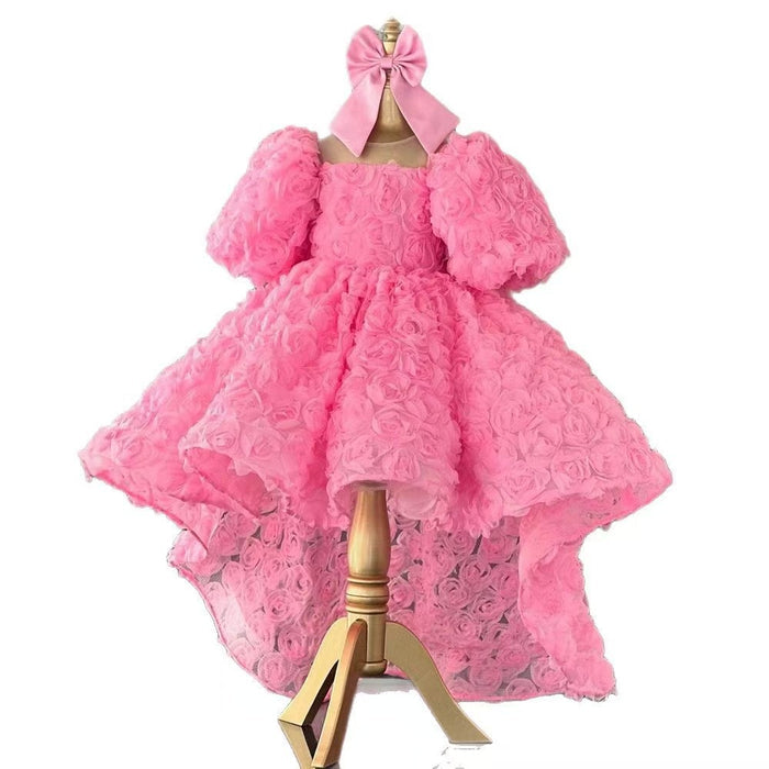 Luxury Pink 3D Floral High-Low Flower Girl Dress Princess Birthday Party Gown M026