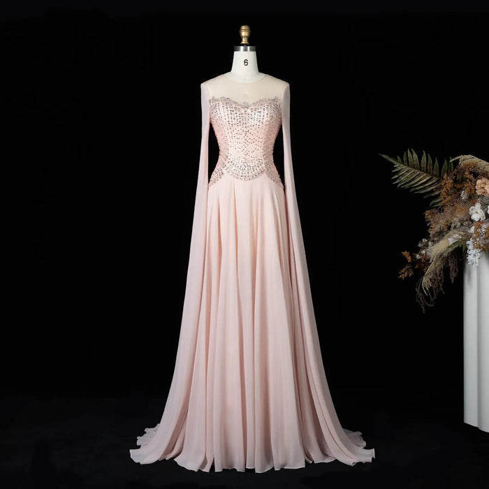 Luxury Pink Beaded Corset Evening Dress with Long Draped Sleeves SS367