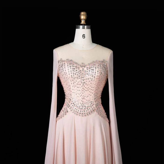 Luxury Pink Beaded Corset Evening Dress with Long Draped Sleeves SS367