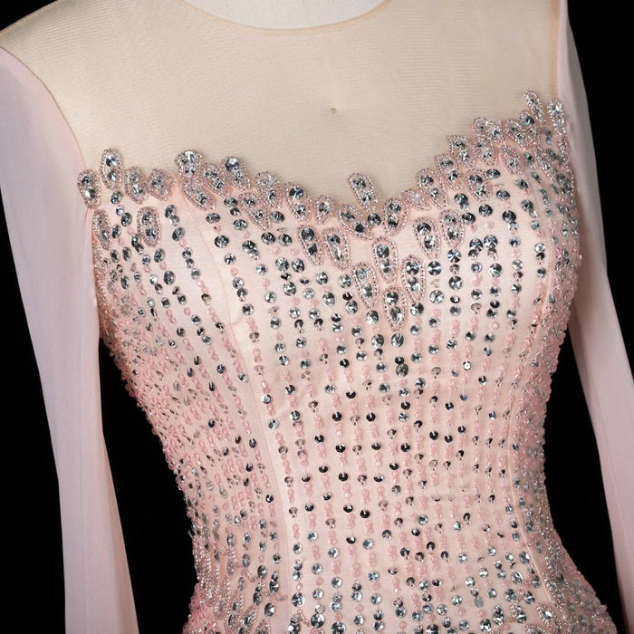 Luxury Pink Beaded Corset Evening Dress with Long Draped Sleeves SS367