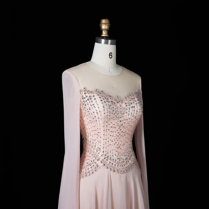 Luxury Pink Beaded Corset Evening Dress with Long Draped Sleeves SS367