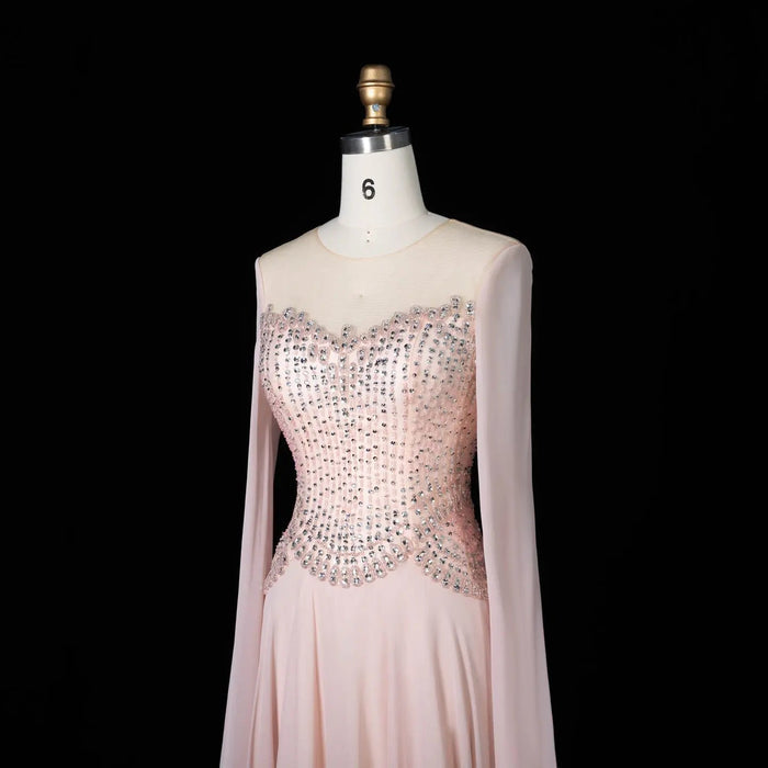 Luxury Pink Beaded Corset Evening Dress with Long Draped Sleeves SS367