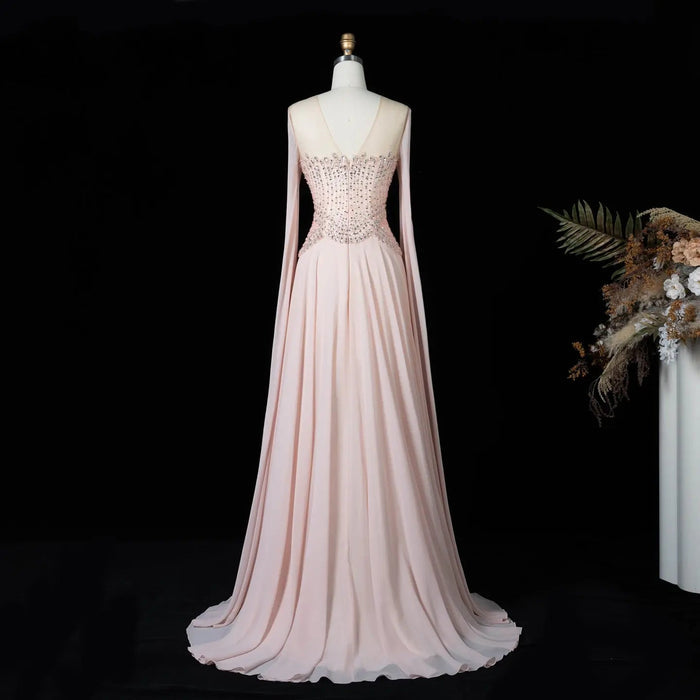 Luxury Pink Beaded Corset Evening Dress with Long Draped Sleeves SS367