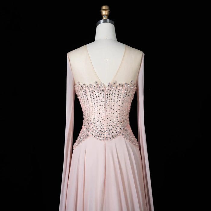 Luxury Pink Beaded Corset Evening Dress with Long Draped Sleeves SS367