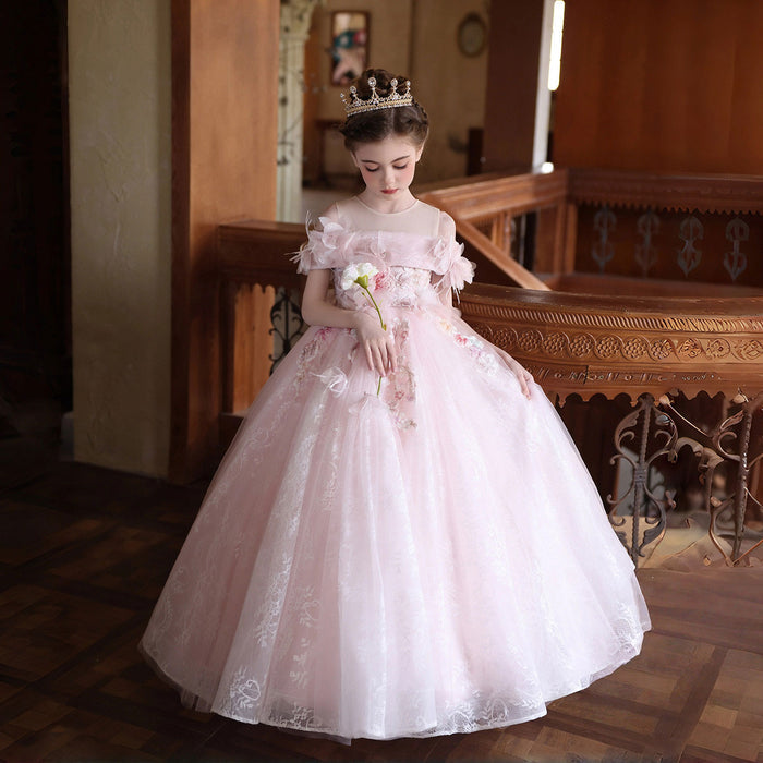 Luxury Pink Lace Flower Girl Dress with Off-Shoulder Design and Full Tulle Ball Gown Skirt J202