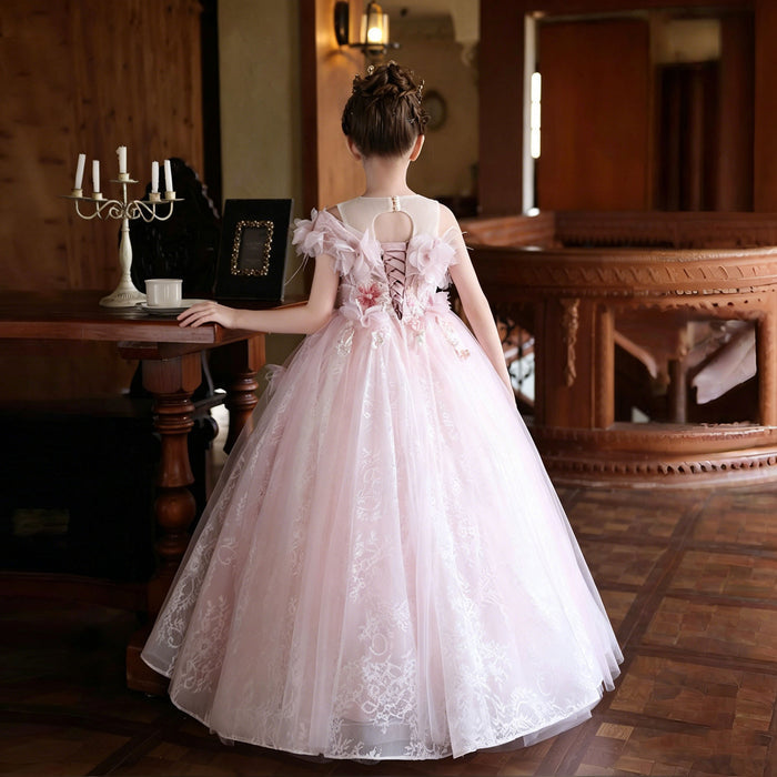 Luxury Pink Lace Flower Girl Dress with Off-Shoulder Design and Full Tulle Ball Gown Skirt J202