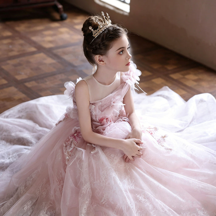 Luxury Pink Lace Flower Girl Dress with Off-Shoulder Design and Full Tulle Ball Gown Skirt J202
