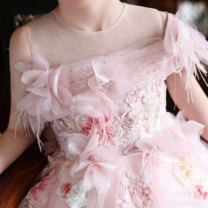 Luxury Pink Lace Flower Girl Dress with Off-Shoulder Design and Full Tulle Ball Gown Skirt J202