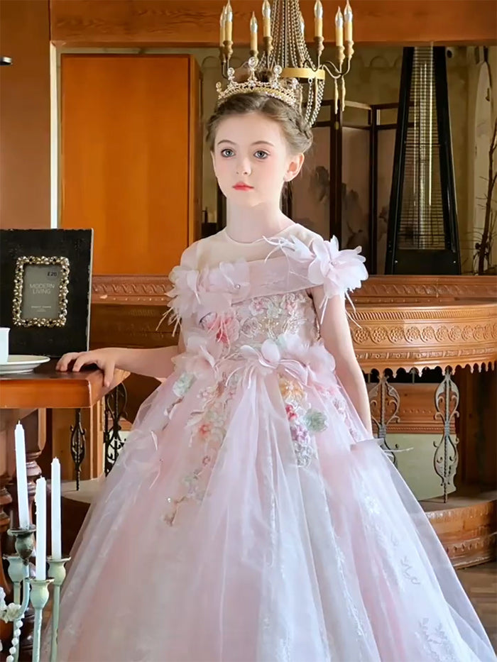 Luxury Pink Lace Flower Girl Dress with Off-Shoulder Design and Full Tulle Ball Gown Skirt J202