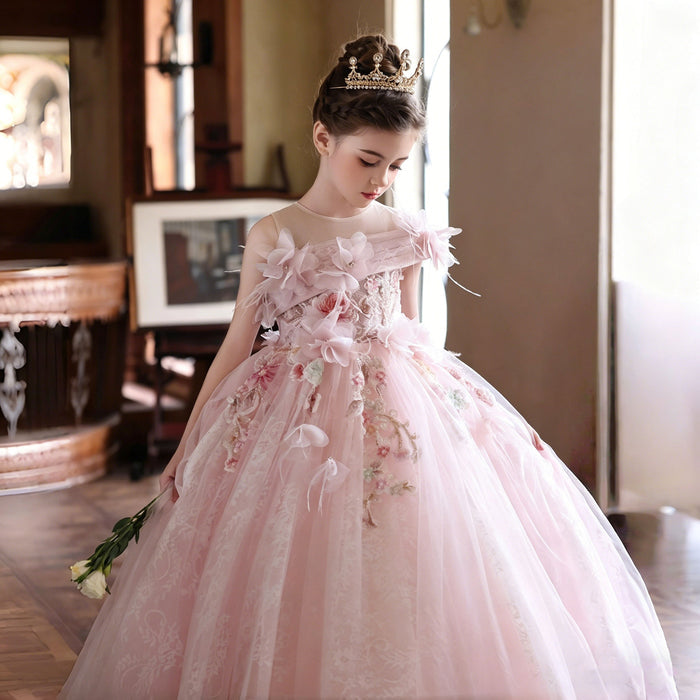 Luxury Pink Lace Flower Girl Dress with Off-Shoulder Design and Full Tulle Ball Gown Skirt J202