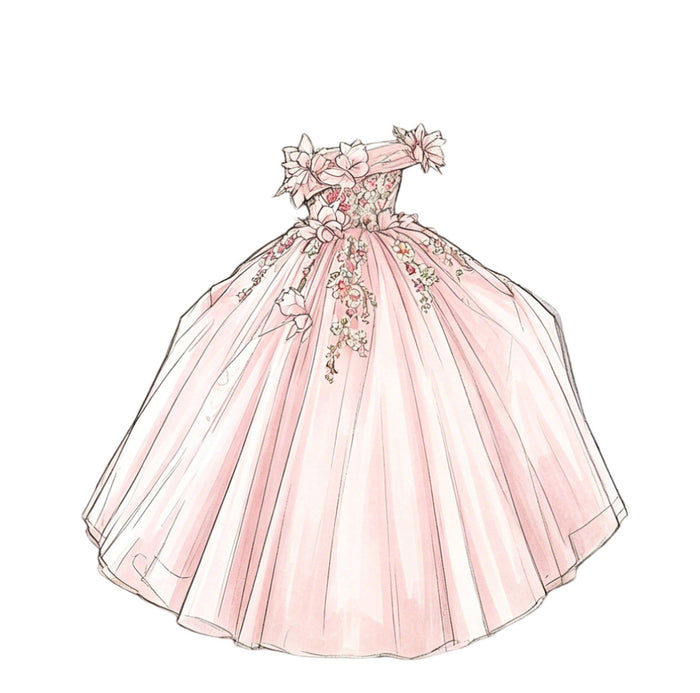 Luxury Pink Lace Flower Girl Dress with Off-Shoulder Design and Full Tulle Ball Gown Skirt J202