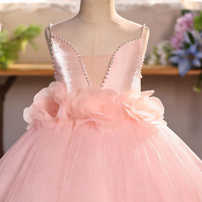 Luxury Pink Princess Flower Girl Dress with Puffy Tulle Skirt D275