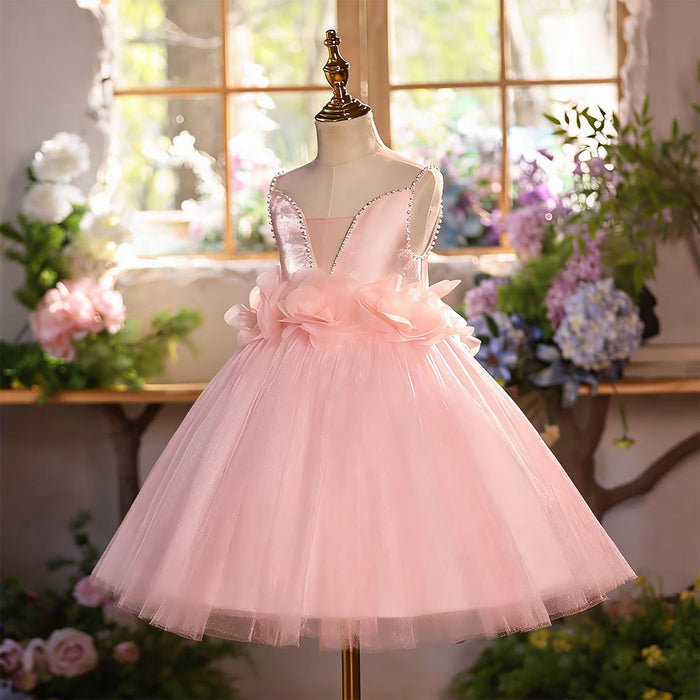 Luxury Pink Princess Flower Girl Dress with Puffy Tulle Skirt D275