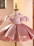 Luxury Pink Satin Flower Girl Dress with Feather Shoulder Princess Birthday Party Dress D263