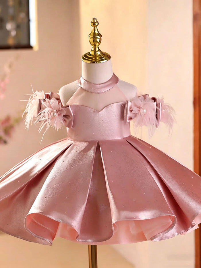 Luxury Pink Satin Flower Girl Dress with Feather Shoulder Princess Birthday Party Dress D263