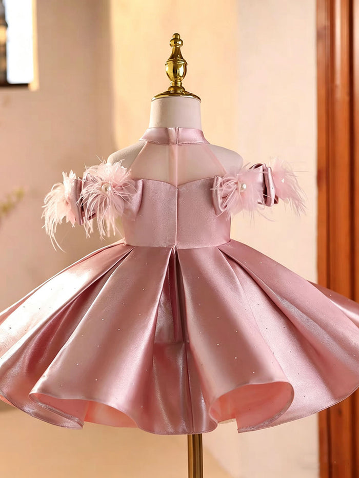 Luxury Pink Satin Flower Girl Dress with Feather Shoulder Princess Birthday Party Dress D263