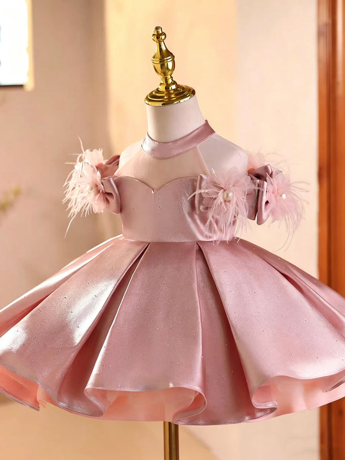 Luxury Pink Satin Flower Girl Dress with Feather Shoulder Princess Birthday Party Dress D263