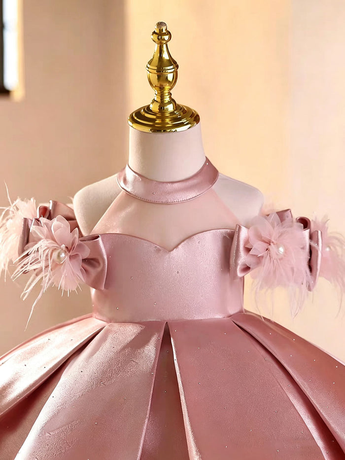 Luxury Pink Satin Flower Girl Dress with Feather Shoulder Princess Birthday Party Dress D263