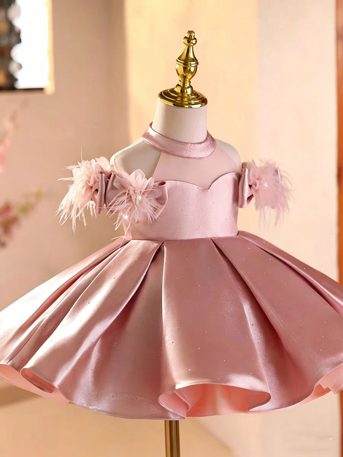 Luxury Pink Satin Flower Girl Dress with Feather Shoulder Princess Birthday Party Dress D263