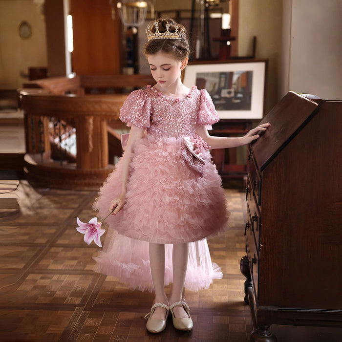 Luxury Pink Sequin Flower Girl Dress with Ruffle Tulle Skirt for Wedding J433