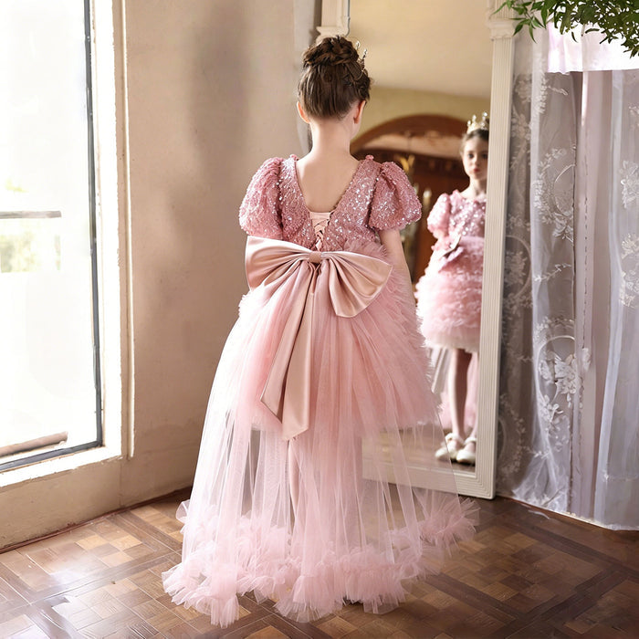 Luxury Pink Sequin Flower Girl Dress with Ruffle Tulle Skirt for Wedding J433