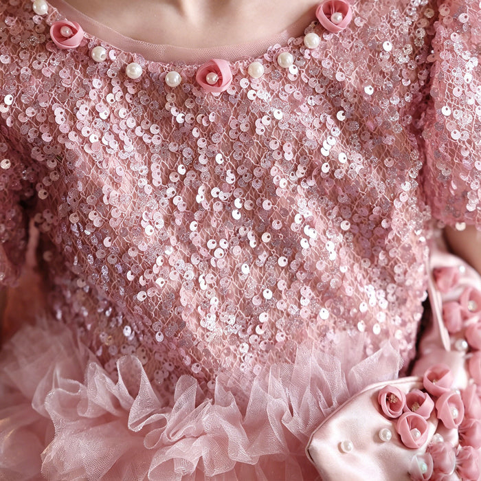 Luxury Pink Sequin Flower Girl Dress with Ruffle Tulle Skirt for Wedding J433