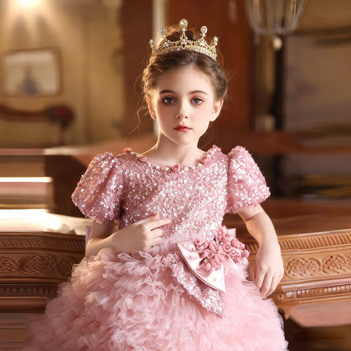 Luxury Pink Sequin Flower Girl Dress with Ruffle Tulle Skirt for Wedding J433