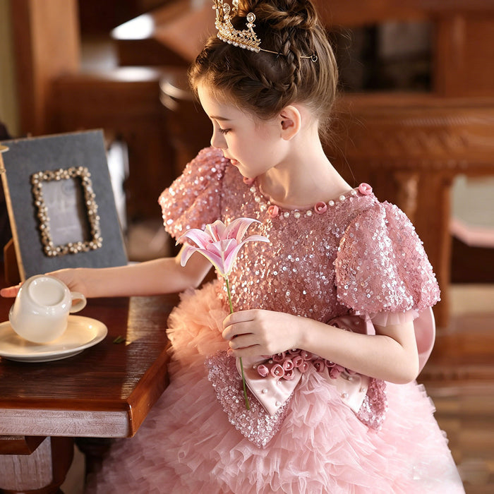 Luxury Pink Sequin Flower Girl Dress with Ruffle Tulle Skirt for Wedding J433