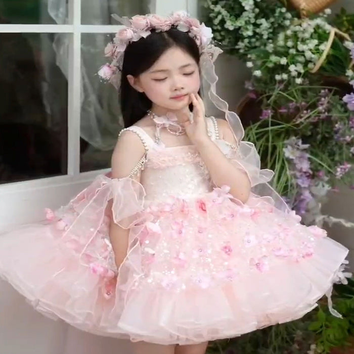 Luxury Pink Tulle Ball Gown for Girls Wedding Party M011