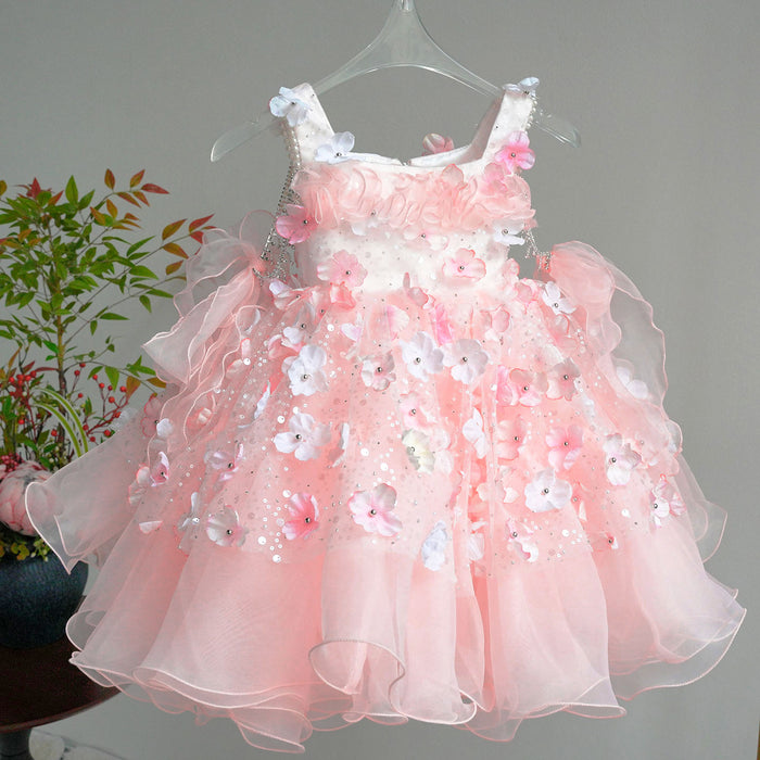Luxury Pink Tulle Ball Gown for Girls Wedding Party M011