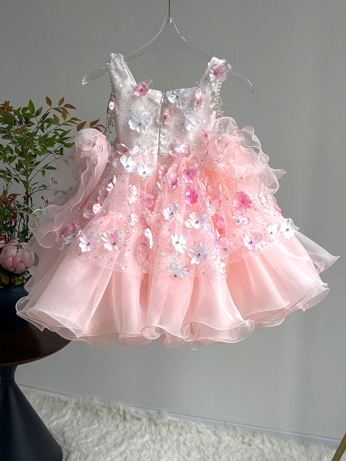 Luxury Pink Tulle Ball Gown for Girls Wedding Party M011