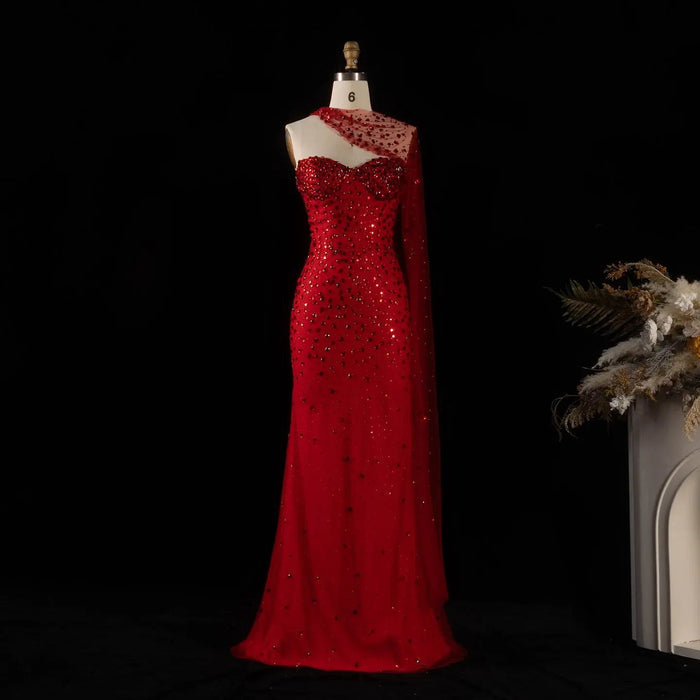 Luxury Red One-Shoulder Beaded Evening Dress with Sheer Cape SS711-DreamyVow