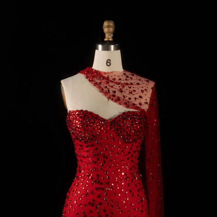 Luxury Red One-Shoulder Beaded Evening Dress with Sheer Cape SS711-DreamyVow
